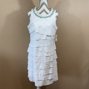 Dress Barn White Tiered Ruffles Beaded Neck Dress